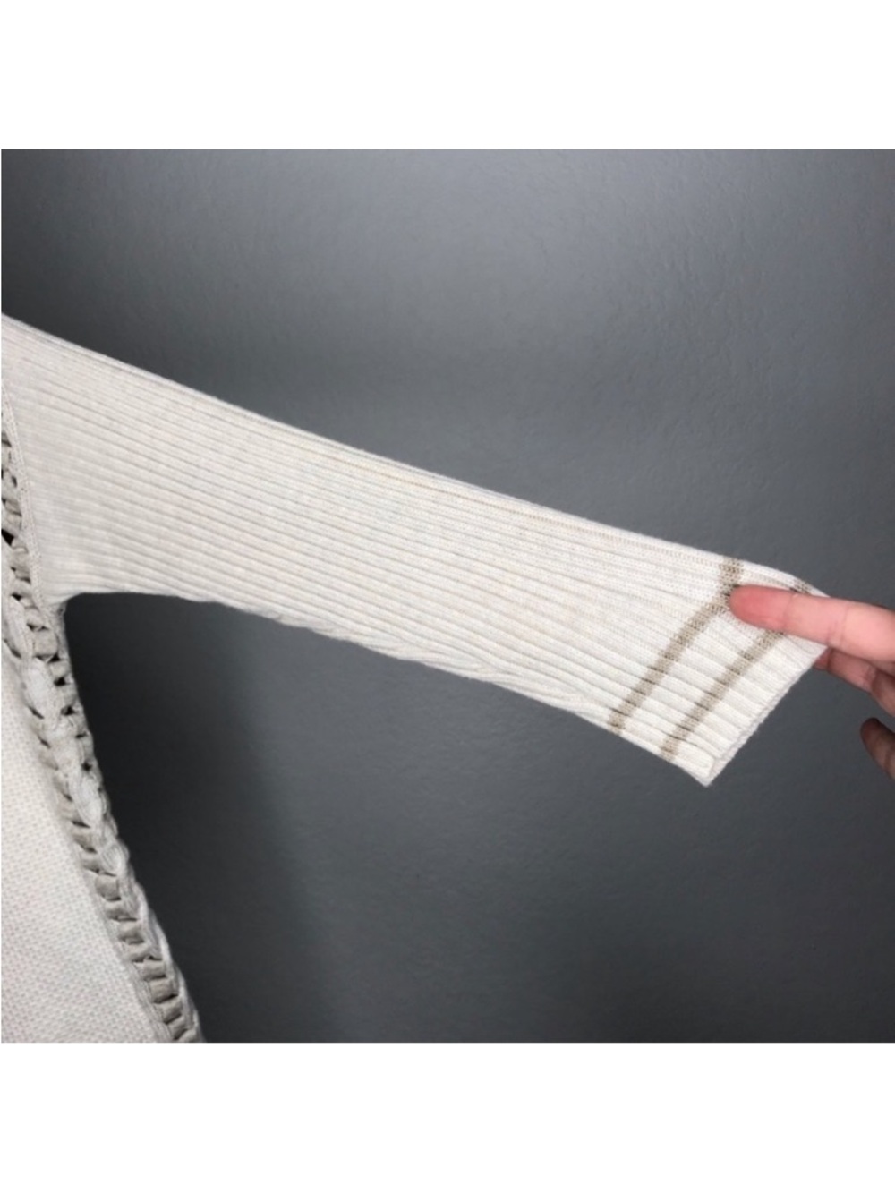 Cabi Relaxed Cream Knit Crewneck Sweater Lace-Inset - Picture 7 of 9